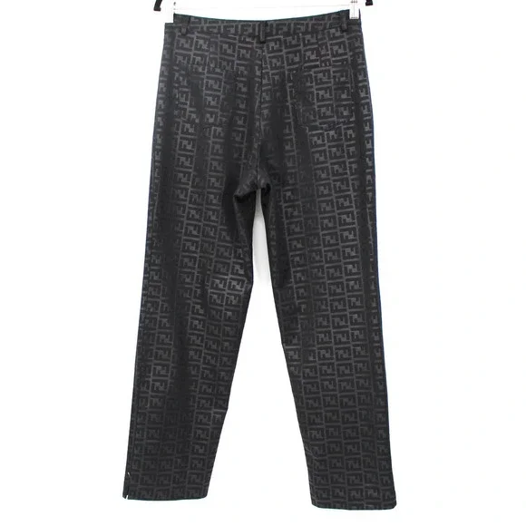 FENDI Black Zucca Logo Trouser Pants M Vintage FF Polyester Ankle Straight Jeans